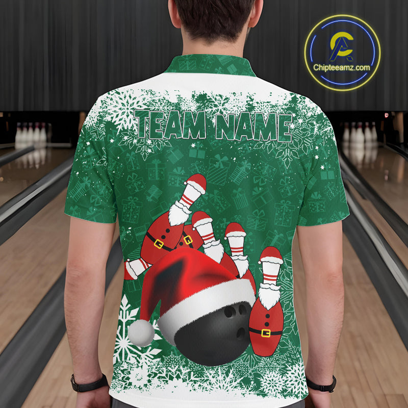Mens bowling shirts Custom Funny Christmas snowflake Santa Bowling Ball pins Team Jersey | Green NQS11143
