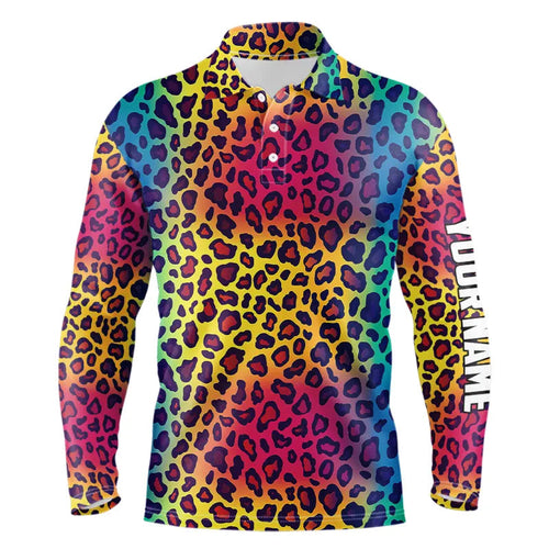 Colorful Rainbow leopard pattern Mens golf polos shirts custom golf attire for Mens NQS9299