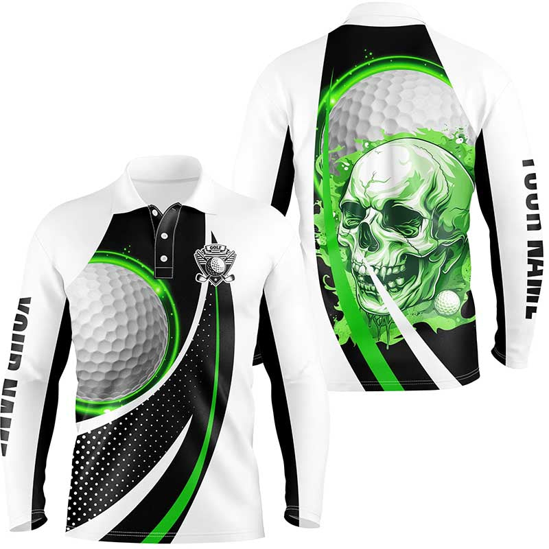 Black and white Golf Skull Mens golf polo shirt custom golf attire for men, gifts for golfer | Green NQS7950