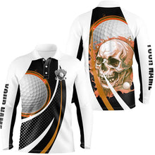 Load image into Gallery viewer, Black and white Golf Skull Mens golf polo shirt custom golf attire for men, gifts for golfer | Orange NQS7951