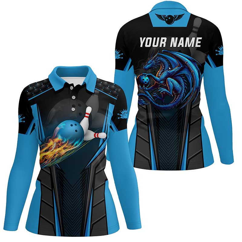 Personalized bowling shirt for Women Custom Dragon team blue Bowling jerseys polo, Quarter zip Shirts NQS7954
