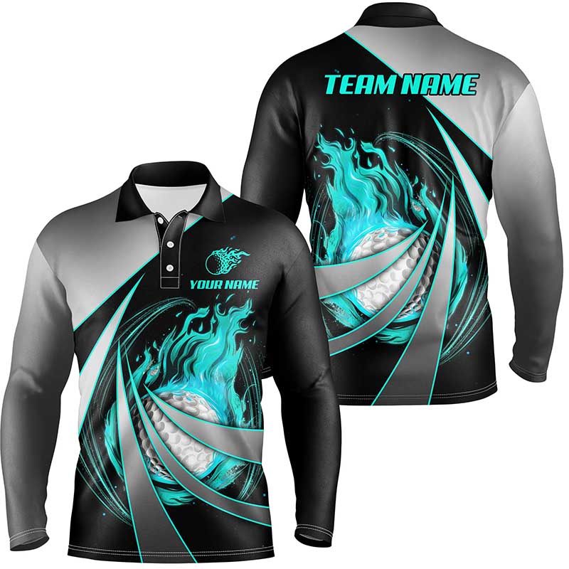 Mens golf polos shirts custom flame golf ball shirts for men, personalized golf gifts | Cyan Blue NQS7957