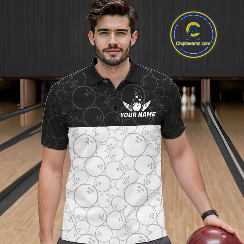 Black and White Bowling Camo Polo, 1/4 Zip Shirts for Men Custom Bowling Team League Bowlers Outfit NQS11701