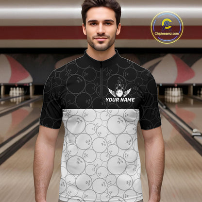 Black and White Bowling Camo Polo, 1/4 Zip Shirts for Men Custom Bowling Team League Bowlers Outfit NQS11701