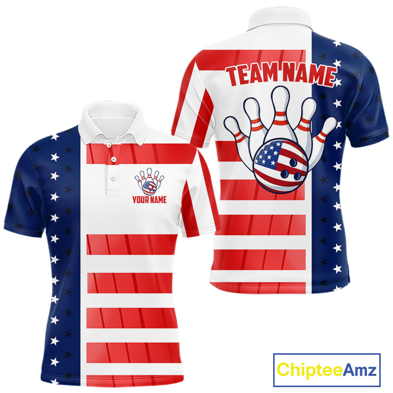 Red, White and Blue American Flag Bowling Shirts For Men Custom Patriotic Bowling Team Jerseys NQS11157