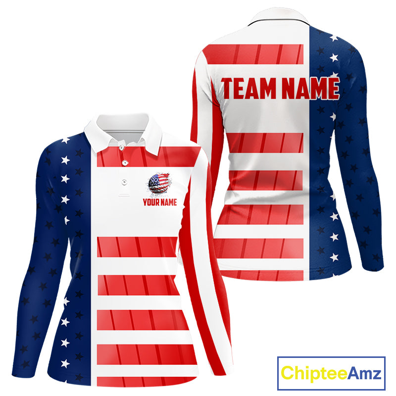 Red, White and Blue American Flag Golf Polo Shirts For Women Custom Patriotic Team Ladies Golf Outfit NQS11158