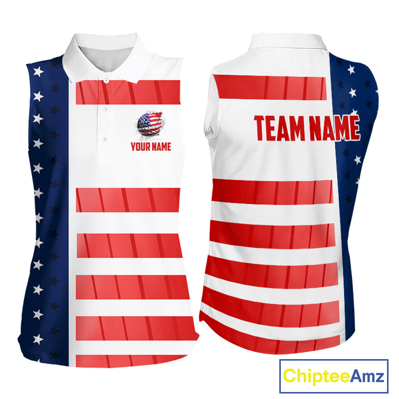 Red, White and Blue American Flag Sleeveless Polo Shirts Custom Patriotic Team Ladies Golf Outfit NQS11158