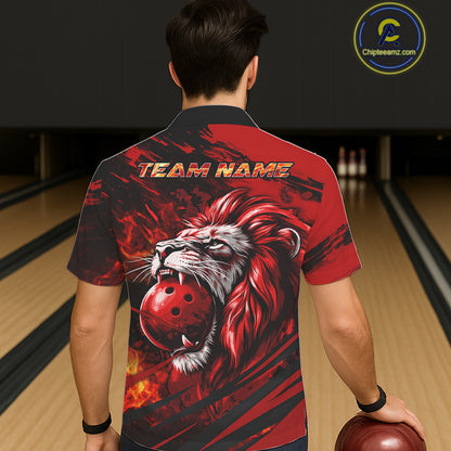 Black and Red Lion Bowling Hawaiian Jersey, Lion Bowling Team League button-up shirts NQS11572