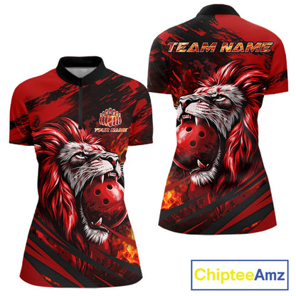 Black and Red Lion Bowling Polo, 1/4 Zip Jersey for Women, Lion Bowling Team League shirts NQS11572