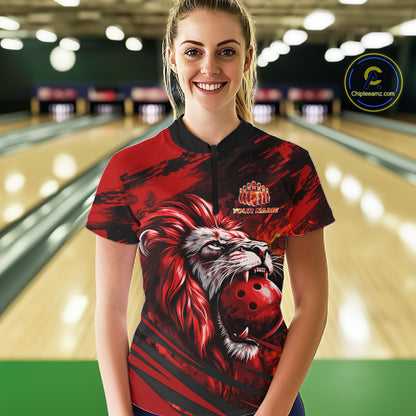 Black and Red Lion Bowling Polo, 1/4 Zip Jersey for Women, Lion Bowling Team League shirts NQS11572