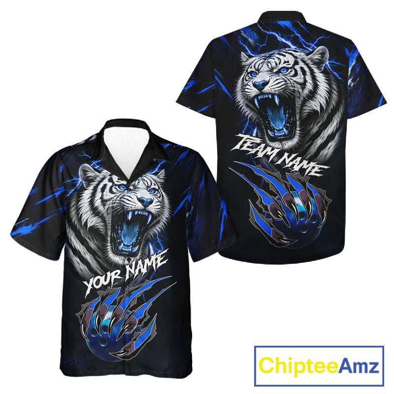 Black & Blue Lightning Thunder Tiger Bowling button-up shirts custom team Hawaiian Bowling jerseys NQS11575