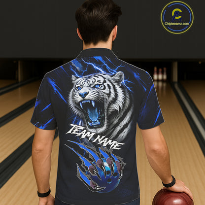Black & Blue Lightning Thunder Tiger Bowling button-up shirts custom team Hawaiian Bowling jerseys NQS11575