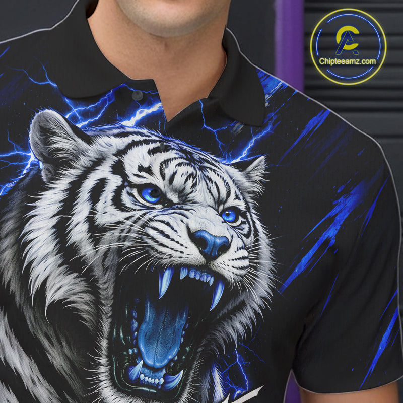 Black & Blue Lightning Thunder Tiger Bowling Polo, 1/4 zip shirts for men custom team Bowling jerseys NQS11575