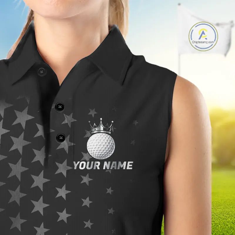 Custom Black American Flag Sleeveless Golf Polo shirt, Personalized patriotic Ladies Golf top NQS11707