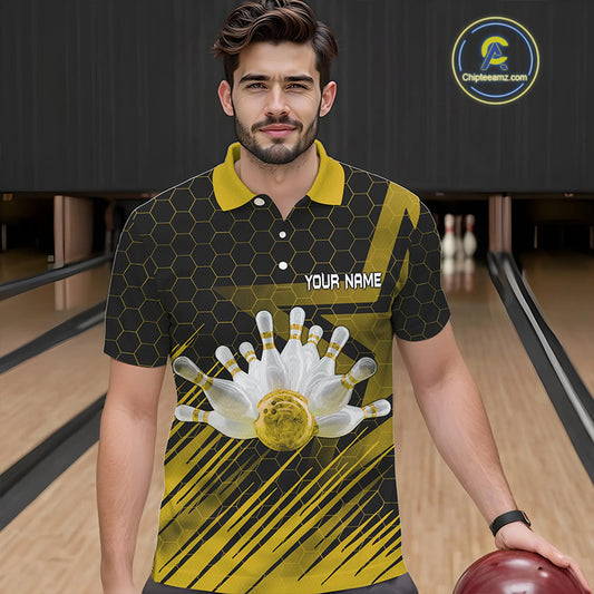 Black And Gold Custom Bowling Polo, Quarter Zip Shirts For Men, Bowling Team League Jersey NQS9810