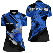 Load image into Gallery viewer, Personalized black &amp; blue flame Bowling Polo, Quarter Zip shirt For women custom bowling team jerseys NQS7579