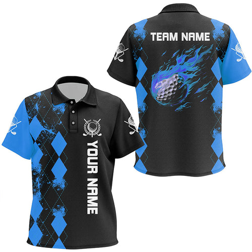 Black Kid golf polos shirt custom blue argyle pattern flame golf ball golf tops for Kid NQS7713
