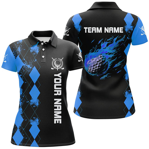 Black Womens golf polo shirts custom blue argyle pattern flame golf ball golf tops for team ladies NQS7713