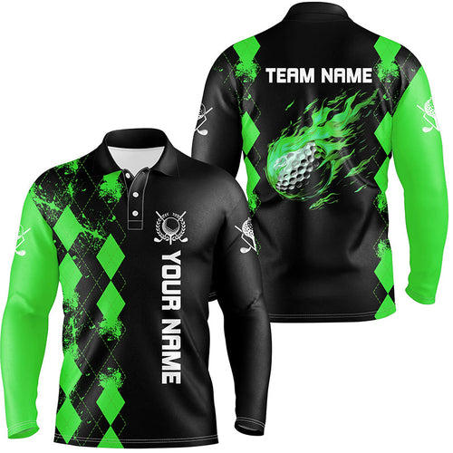 Black Mens golf polo shirts custom green argyle pattern flame golf ball golf tops for mens NQS7714