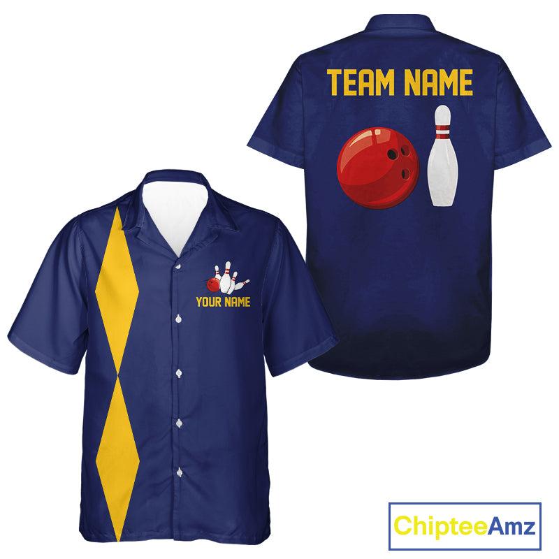 Personalized Yellow and Blue Retro Bowling Hawaiian shirts Custom vintage Team button up shirts NQS11165