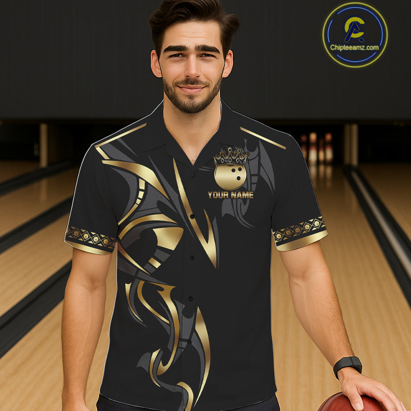 Black and Gold Dragon Bowling ball Button up Shirts Custom Bowling Team Hawaiian jerseys NQS11579