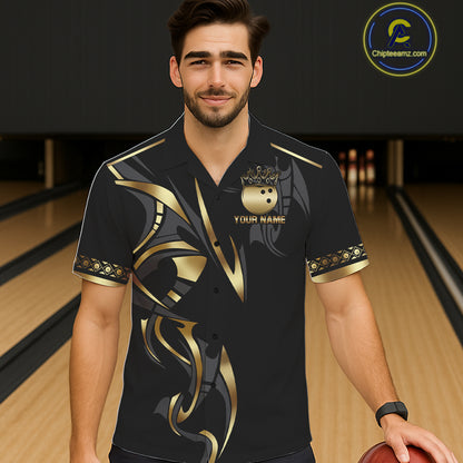 Black and Gold Dragon Bowling ball Button up Shirts Custom Bowling Team Hawaiian jerseys NQS11579