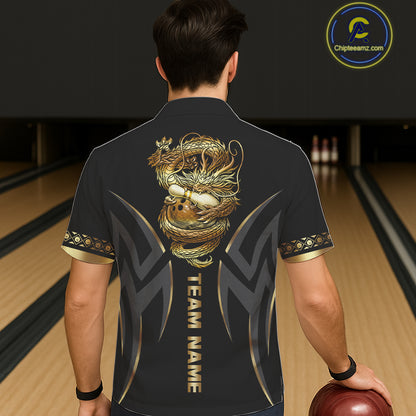 Black and Gold Dragon Bowling ball Button up Shirts Custom Bowling Team Hawaiian jerseys NQS11579