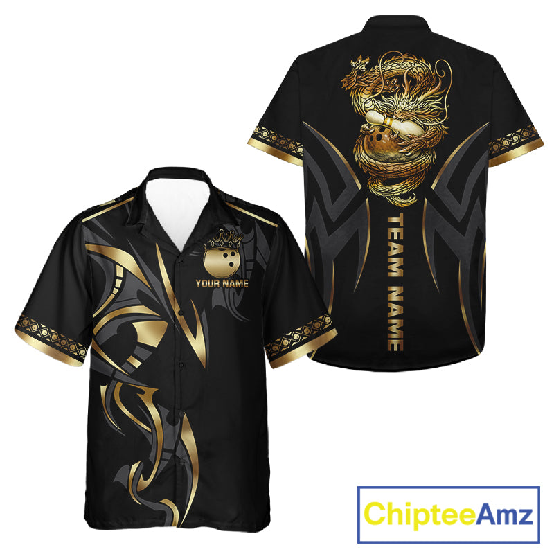 Black and Gold Dragon Bowling ball Button up Shirts Custom Bowling Team Hawaiian jerseys NQS11579