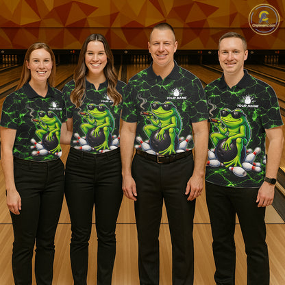 Black & Green Funny Frog Bowling Polo, 1/4 zip Shirt for Women Custom Team Frog Bowling League Jersey NQS11583