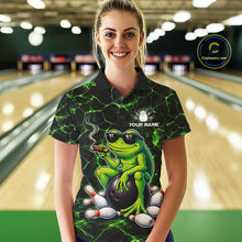 Load image into Gallery viewer, Black &amp; Green Funny Frog Bowling Polo, 1/4 zip Shirt for Women Custom Team Frog Bowling League Jersey NQS11583