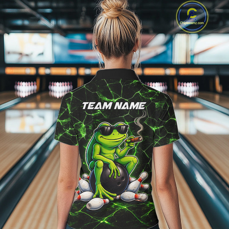 Black & Green Funny Frog Bowling Polo, 1/4 zip Shirt for Women Custom Team Frog Bowling League Jersey NQS11583