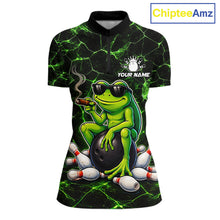 Load image into Gallery viewer, Black &amp; Green Funny Frog Bowling Polo, 1/4 zip Shirt for Women Custom Team Frog Bowling League Jersey NQS11583