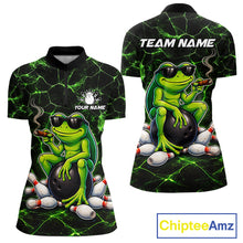 Load image into Gallery viewer, Black &amp; Green Funny Frog Bowling Polo, 1/4 zip Shirt for Women Custom Team Frog Bowling League Jersey NQS11583