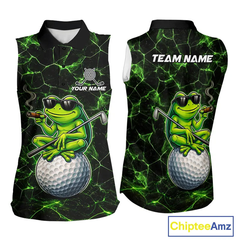 Black & Green Funny Frog Sleeveless Golf Polo shirts Custom team golf shirts, ladies golf clothes NQS11584