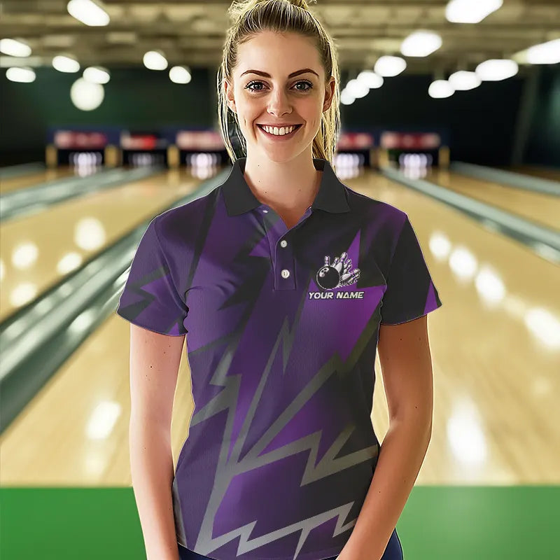 Purple Lightning Thunder Storm Team bowling shirts for women custom bowling Polo, Quarter zip jerseys NQS9625