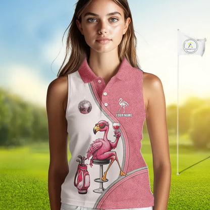 Custom Funny Pink Flamingo Drink Wine Women Sleeveless Golf Polo Shirts, Flamingo Ladies Golf tops NQS11711