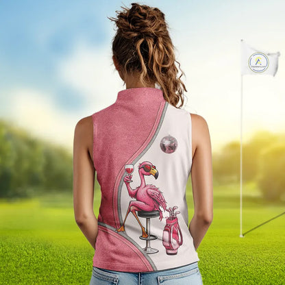 Custom Funny Pink Flamingo Drink Wine Women Sleeveless Golf Polo Shirts, Flamingo Ladies Golf tops NQS11711