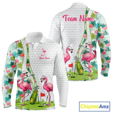 Load image into Gallery viewer, Funny Pink Flamingo Golf polo shirt for men custom tropical monstera leaf pattern golf shirts NQS11713