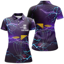 Load image into Gallery viewer, Womens disc golf polo shirt custom purple lightning disc golf basket disco golf outfit for women NQS6064