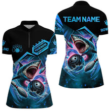 Load image into Gallery viewer, Personalized Black and Blue Angry Shark Bowling shirt for Women Custom Team's Name Bowler Jersey NQS8845
