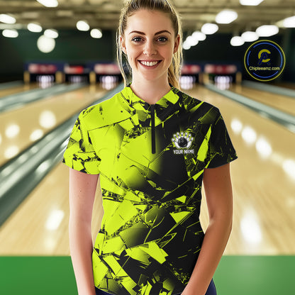 Custom Broken Glass Black and Green Neon Bowling Shirts For Women, Bowling Team League Jerseys NQS11174
