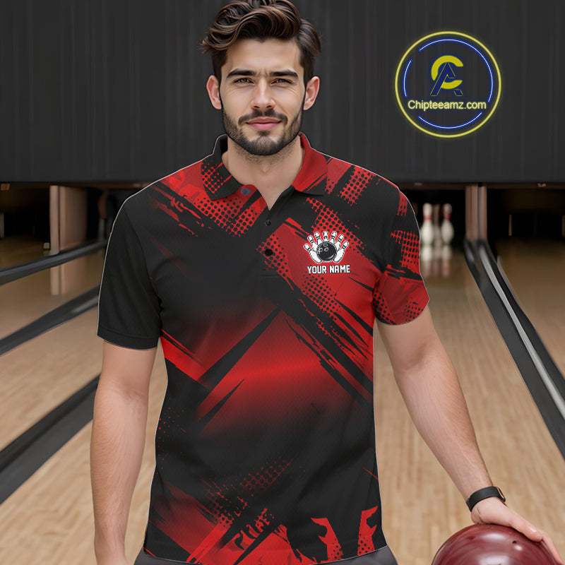 Black and Red Camo Bowling Polo, 1/4 zip Shirts For Men Custom Bowling Team League Jerseys NQS11175