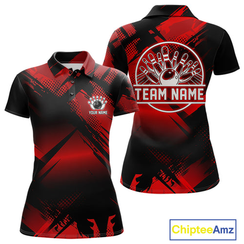 Black and Red Camo Bowling Polo, 1/4 zip Shirts For Women Custom Bowling Team League Jerseys NQS11175