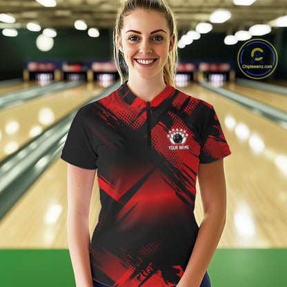 Black and Red Camo Bowling Polo, 1/4 zip Shirts For Women Custom Bowling Team League Jerseys NQS11175