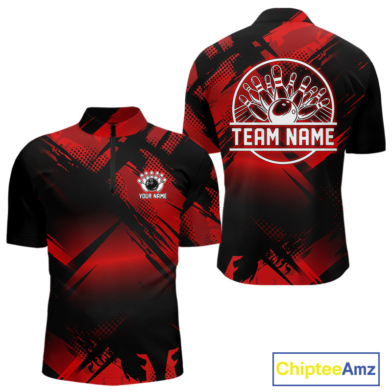 Black and Red Camo Bowling Polo, 1/4 zip Shirts For Men Custom Bowling Team League Jerseys NQS11175