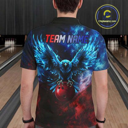 Smoke American Flag Eagle Bowling Shirts For Men Custom patriotic Bowling Team Polo, 1/4 zip Jerseys NQS11179