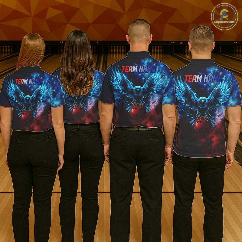 Smoke American Flag Eagle Bowling Shirts For Men Custom patriotic Bowling Team Polo, 1/4 zip Jerseys NQS11179