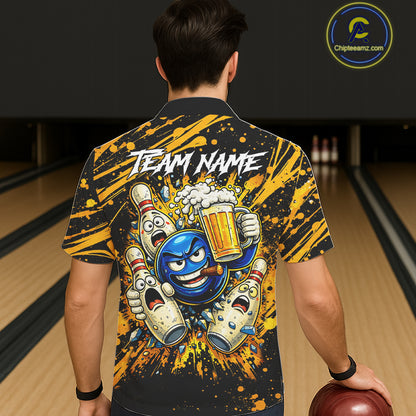 Black and Yellow Funny Bowling and Beer Custom Bowling Hawaiian Shirts, Bowling Team League jerseys NQS11587
