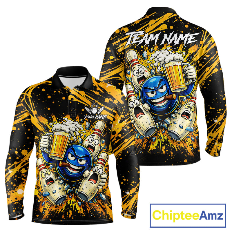 Black and Yellow Funny Bowling and Beer Custom Bowling Shirts For Men, Bowling Team League jerseys NQS11587