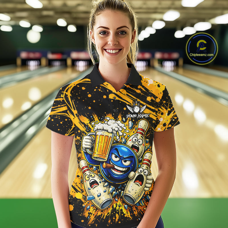 Black and Yellow Funny Bowling and Beer Custom Bowling Shirts For Women, Bowling Team League jerseys NQS11587